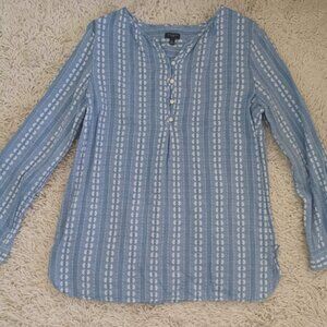 Talbots Womens LP Large Petite Blue Floral Stripe Cotton Blouse Roll Tab Sleeve
